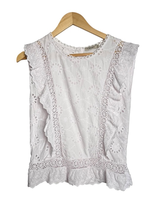 Lungo L’Arno Tops - Lungo L’Arno Broderie Angleaise Eyelet Blouse Size Small White Sleeveless Italy